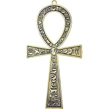 NileCart 7 in. large metal Egyptian ANKH Cross Made in Egypt with an ancient Egyptian hieroglyphic symbols on both sides Antique Brass Tone