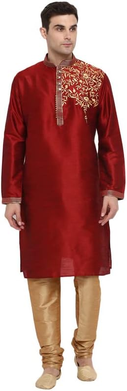 Men'sSilk Blend Patchwork Blue Kurta and Maroon Churidaar For Men