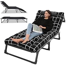 Folding Chaise with Pillow,Camping Cot, Adjustable 4-Position Adults Reclining Folding Chaise with Pillow, Outdoor Lounge Chair Sleeping Cot Bed, Perfect for Office, Pool, Beach, Patio Black