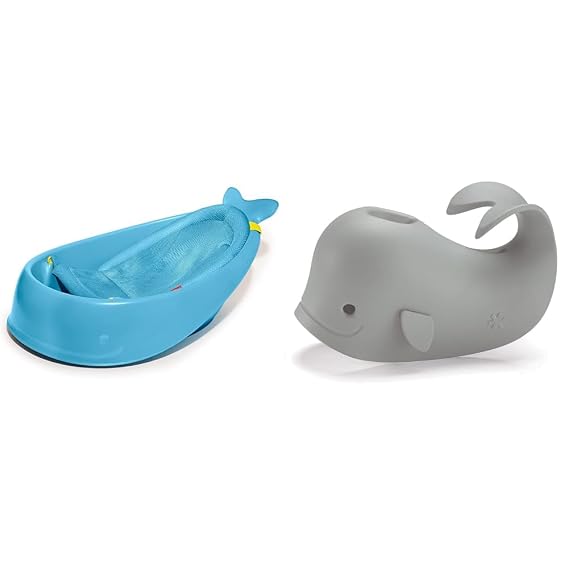 Skip Hop Baby Bath Tub, 3-Stage Smart Sling Tub, Moby, Blue & Baby Bath Spout Cover, Universal Fit, Moby, Grey