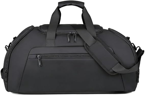Lubardy Sports Duffel Bag, Black, with Mesh Side Pocket, Shoe Compartment and Shoulder Strap