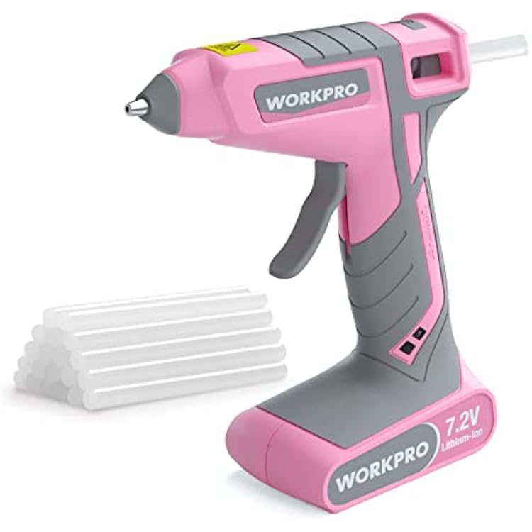 WORKPRO Pink Cordless Hot Melt Glue Gun, 7.2V Rechargeable Fast Preheating Glue Gun Kit with 20 Pc Premium Mini Glue Stick, Automatic-Power-Off Hot Glue Gun for Art, Craft, Decoration - Pink Ribbon
