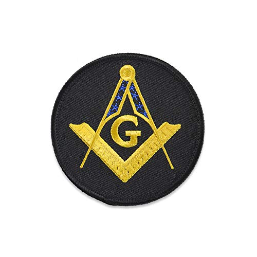 Square & Compass Round Embroidered Masonic Patch - [Black, Gold & Blue][3 Diameter]