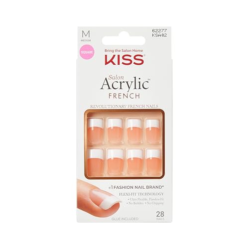 KISS Salon Acrylic French Tip Press On Nails, Medium Size, Square Shape, Includes 28 Fake Nails, Pink Gel Nail Glue 2g, 1 Manicure Stick, 1 Mini File - Style Sugar Rush