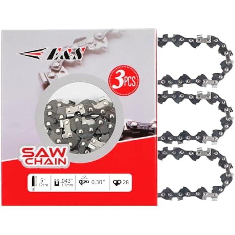 E & S 3 Pack 5 Inch Chainsaw Chain 0.30 Pitch .043 Gauge 28 Drive Links Semi-Chisel Chain Saw Chains for Husqvarna, Poulan, Craftsman, Greenworks and More Chainsaw Brands