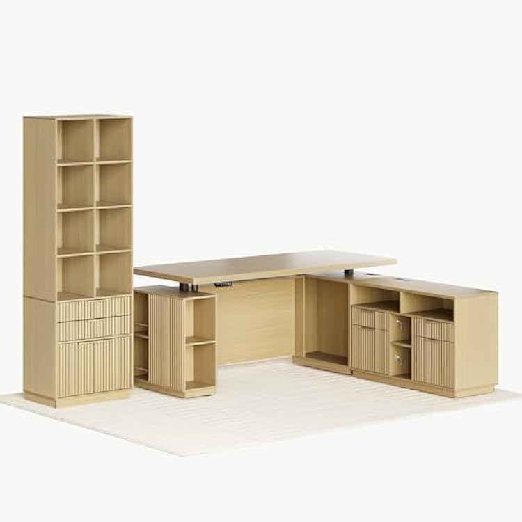 Home Office Furniture Set, 70 Standing Desk with 4 Drawer File Cabinet and 73 Bookcase, Executive Desk with ACUSB, Tall Bookshelf with Drawers, Fluted Style Light Walnut