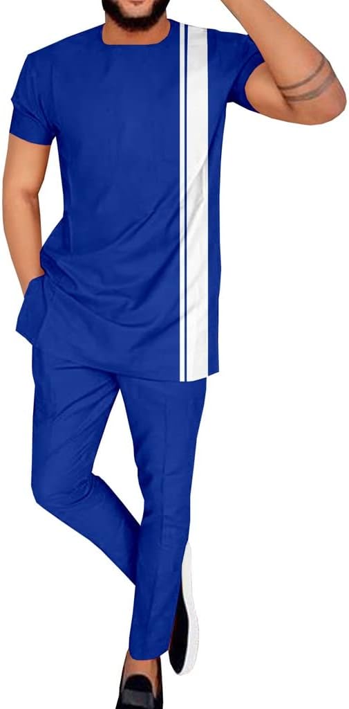 African Men's Clothing 2 Piece Set Cotton Dashiki Outfit Shirt and Pants Top Suit Traditional Tracksuit (Color : Blue, Size : Medium)