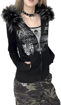 Y2k Fur Collar Grunge Hoodies Women Vintage Harajuku Gothic Print Hooded Streetwear Coat Aesthetic Slim Jacket