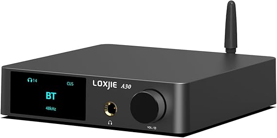 LOXJIE A30 Desktop Stereo HiFi Audio Power Amplifier & Headphone Amplifier, Infineon's MA12070 Chip Class D Amp, ES9023 DAC Chip, USB/Optical/Coaxial/RCA/Bluetooth 5.0 Input (with Remote Control)