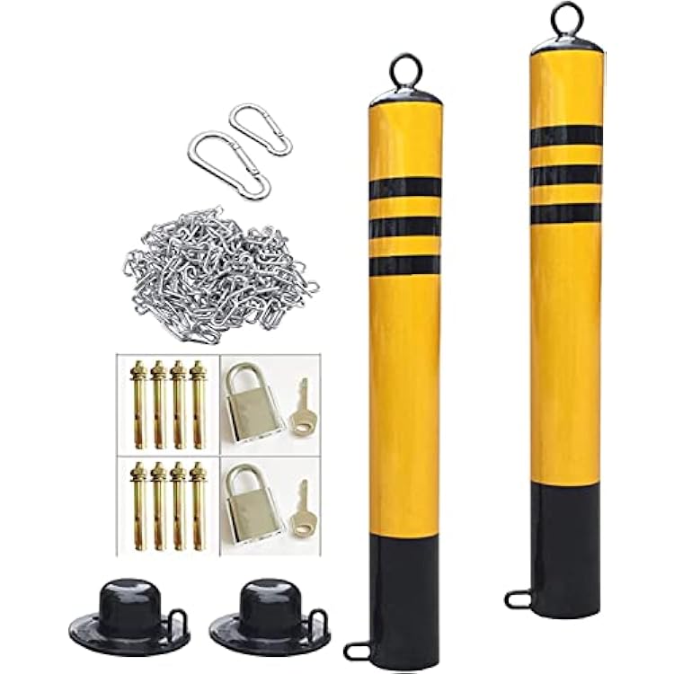 Street Bollard Parking Post, 2 Pack Security Posts for Driveways Removable Reflective Tape Parking Bollards with 5m Iron Chain Easy Installation Size : 76x800mm