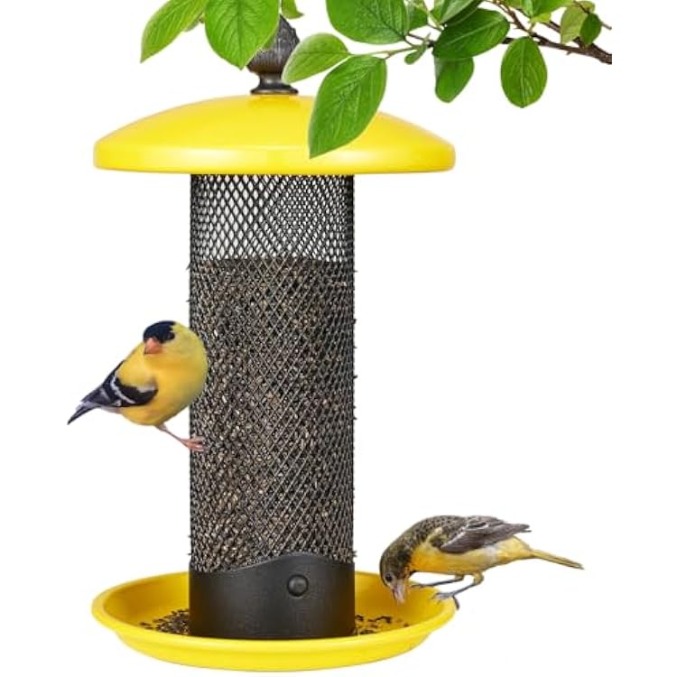 Veehoo Finch Feeder for Outdoors Hanging, Thistle Bird Feeders with Metal Mesh for Cardinal Nyjer Seed, Small Tube Wild Bird Feeders with Weatherproof Roof for Outdoor, Yellow