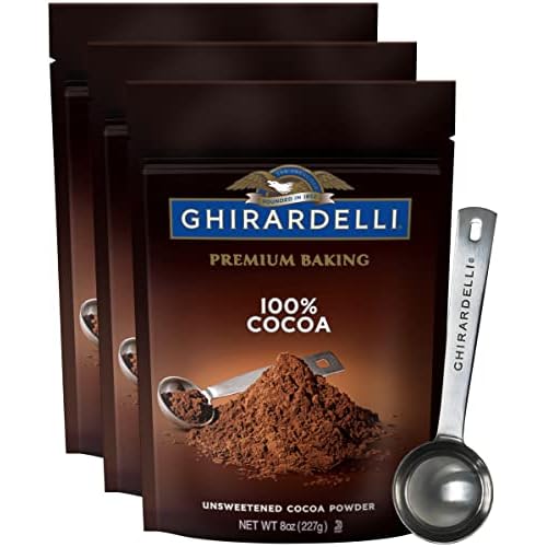 Ghirardelli Unsweetened Cocoa Powder Pouch 8 Ounce Pack of 3 with Limited Edition Measuring Spoon
