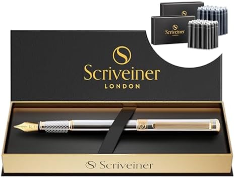 Scriveiner Silver Chrome Fountain Pen - Stunning Luxury Real Gold Plating, Schmidt Gilded Nib (Extra Fine) Bundle with Fountain Pen Ink Cartridges - Black & Blue - 20 Standard International