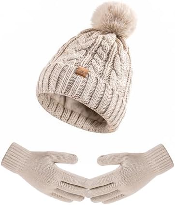 Winter Beanie Hat Gloves Set for Women, Pom Pom Fleece Lined Hat Knit Touchscreen Gloves