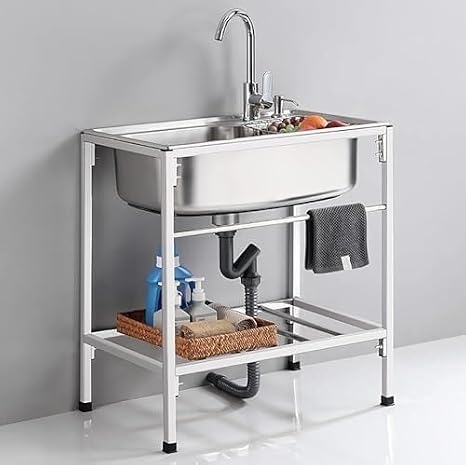 Freestanding Utility Sink Outdoor Sink Mobile Utility Sink Freestanding Kitchen Sink 304 Stainless Steel Single Bowl Basin With Mixer Tap Hot And Cold Water Pipes