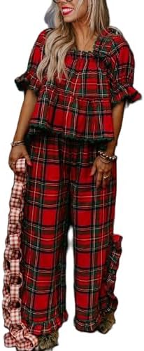 Women Christmas Gingham Pajamas Y2k Plaid Puff Sleeve Babydoll Tops Split Wide Leg Pants Xmas Ruffle Sleepwear