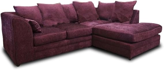 L-Shaped Sectional Sofa | Chenille 3–4 Seater Corner Couch with Chaise | Comfy Living Room Furniture | Fabric Corner Settee with Curved Arms for Indoor Lounge (Aubergine, RH)