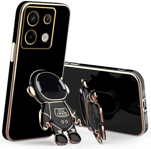 Compatible with Poco M6 Pro Case with Plating Creative Astronaut Cartoon Holder Pink, for Xiaomi Poco M6 Pro 4g Phone Case Silicone Shockproof Stand Soft TPU Protective Slim Cover Black