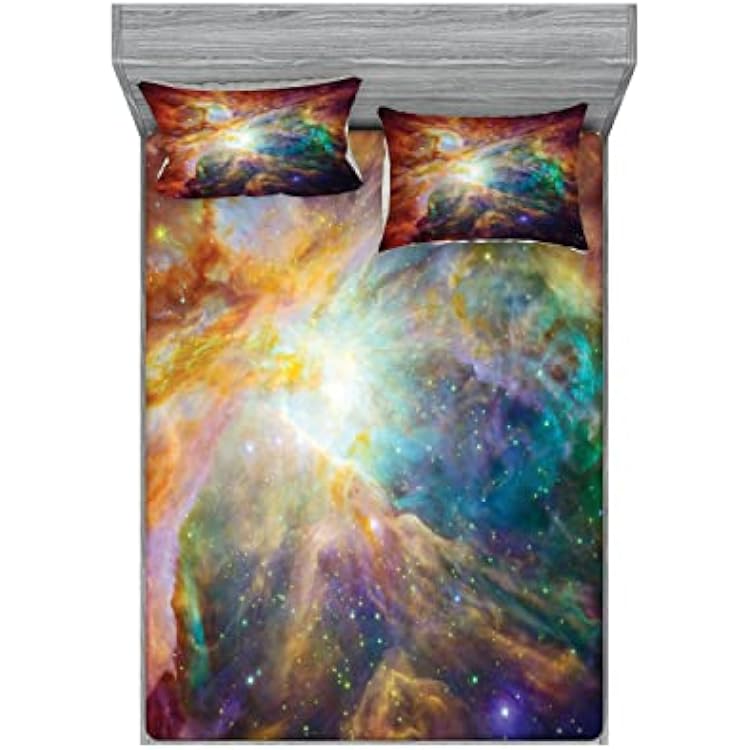 Ambesonne Outer Space 2 Pack Fitted Sheet & Pillow Sham Set, Stars and Nebula, 4 Pcs Bedding Decor, Package Contains 2 Full Size Fitted Sheets & 4 Pillow Covers, Amber Purple