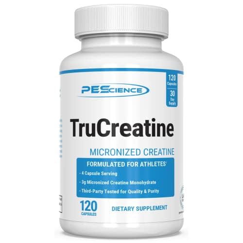 PEScience TruCreatine Creatine Pills, Easy-to-Take Creapure Creatine Capsules, Monohydrate, for Men & Women, Supports Muscle Growth, Strength & Recovery, Cognition, 3g Per Serving, 120 Capsules