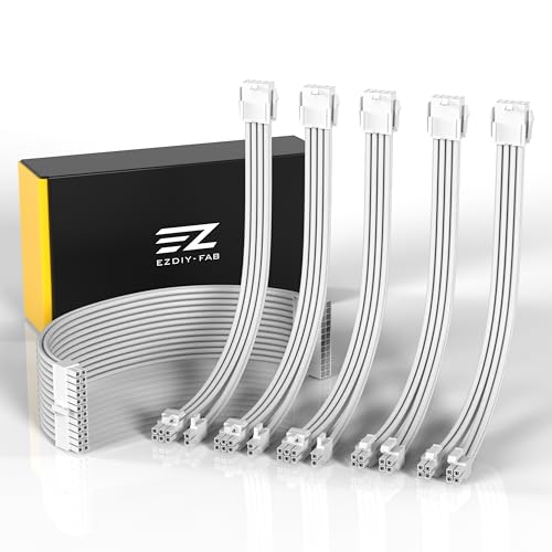 EZDIY-FAB PSU Cable Extension Sleeved Custom Mod GPU PC Power Supply Soft Nylon Braided with Comb Kit 24PIN3x 8PIN to 62Pin 2X 8PIN to 44PIN-300MM11.8in - All White