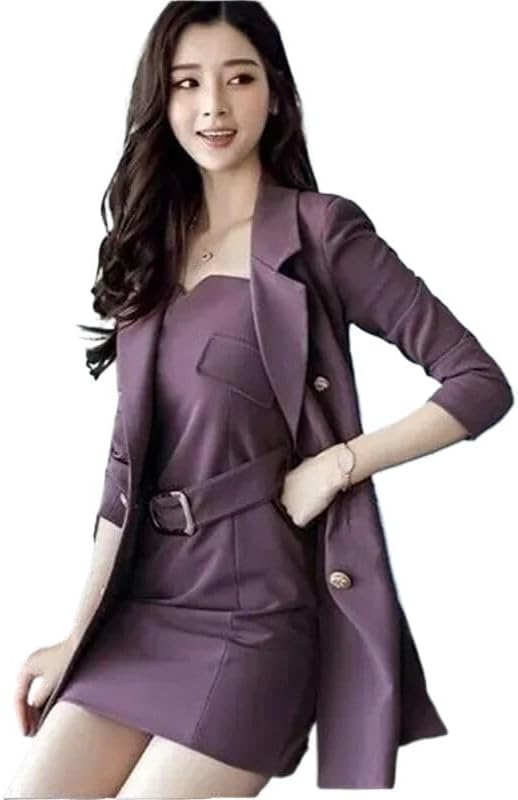Spring Autumn WomenS Two Piece Set Korean Style Dress Set Coat Purple XL