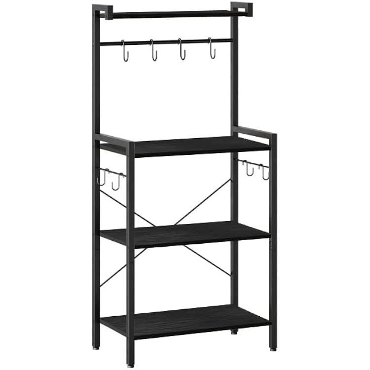 HOOBRO Kitchen Bakers Rack with Storage, 4 Tiers Coffee Bar Station, Microwave Stand with 8 S-Shaped Hooks, Kitchen Storage Shelf Rack for Small Spaces, Black BB04HB01