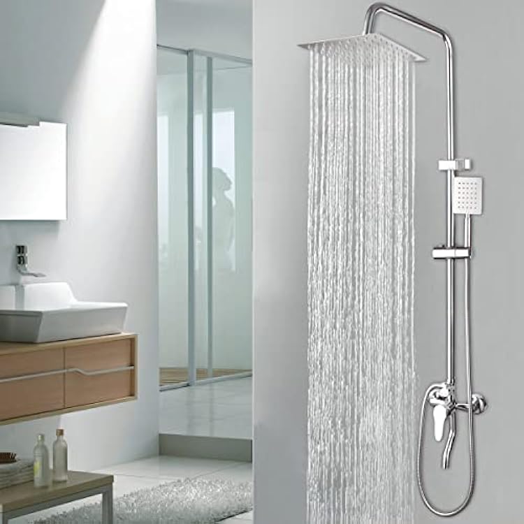 Bathroom Shower System 8 Square Rainfall Shower Head with Chrome Handheld Shower and Shower Faucet Combo, silvery Rain Mixer Shower Set