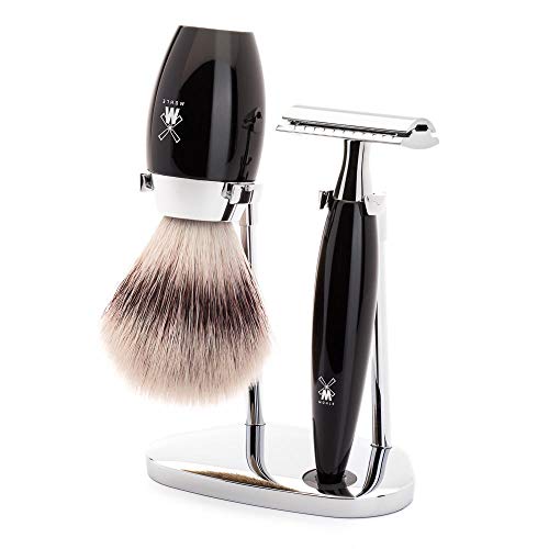 MUHLE KOSMO Black 3-piece Silvertip Fibre Safety Razor Shaving Set