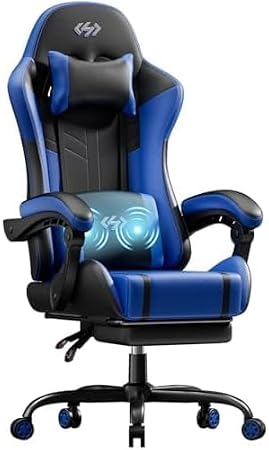 Massage Gaming Chair, Gaming Chair with Footrest, Ergonomic Computer Chair for Adults with Pocket Spring Cushion, Headrest Lumbar Support, Height Adjustable for home, Black Blue