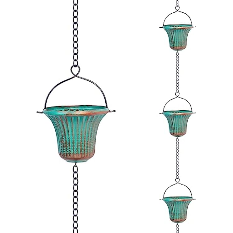 11ft Rain Chains for Outside, 12 Cups Rain Catcher Chain Replacement Downspout for Gutters, Adjustable LengthGreen