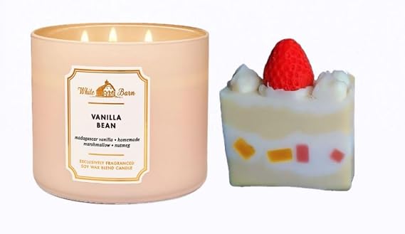 Vanilla Bean - White Barn-Bath and Body Care - 3-Wick Scented Candle 14.5 OZ Burns 25-45 Hours and Strawberry Cake soap (Label Artwork Varies)