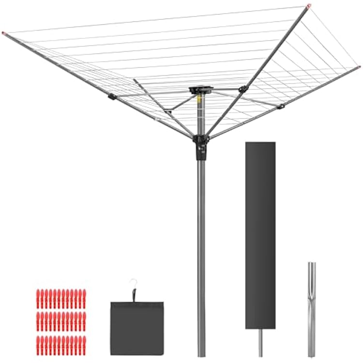 Outdoor Umbrella Drying Rack Rotary, Heavy Duty Retractable Clothesline with 4 Arm 12 Lines 164 Ft Hanging Space, Adjustable Clothes Drying Rack Portable Clothesline for Garden Backyard