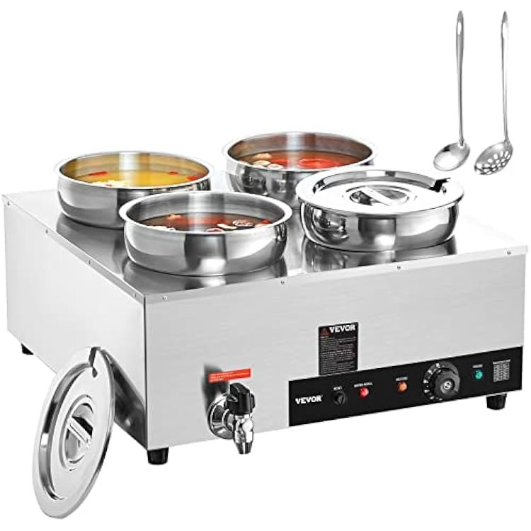 ETL Listed VEVOR Electric Soup Warmer, Four 7.4QT Stainless Steel Round Pot 86~185F Adjustable Temp, 1500W Commercial Bain Marie with Anti-Dry Burn, Soup Station for Restaurant, Buffet, Silver