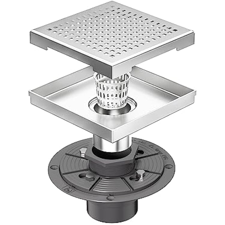 Neodrain 6-Inch Square Shower Drain with Removable Quadrato Pattern Grate, PVC Shower Drain Base and Rubber Gasket for Bathroom Floor Drain, Brushed 304 Stainless Steel, Includes Hair Strainer
