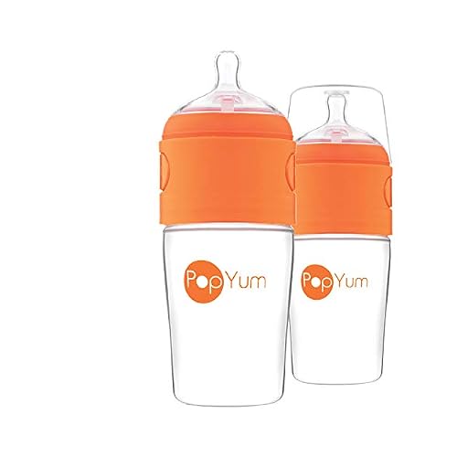 PopYum 9 oz Orange Anti-Colic Formula Making Baby Bottles, 2-Pack with #2 Medium Flow Nipples, 260 ml, BPA-Free, Natural Latch, Mixing, Dispenser