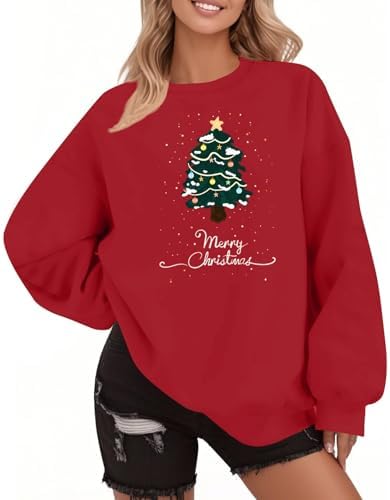 Gumipy Christmas Crewneck Sweatshirts Women Christmas Tree Graphic Oversized Sweatshirt Plus Size Long Sleeve Fleece Pullover