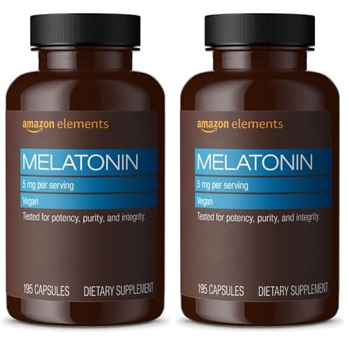 Amazon Elements - Melatonin 5mg Capsules, Helps with Occasional sleeplessness, Vegan, Unflavored, 195 Count Pack of 2, 6 Month Supply Packaging May Vary
