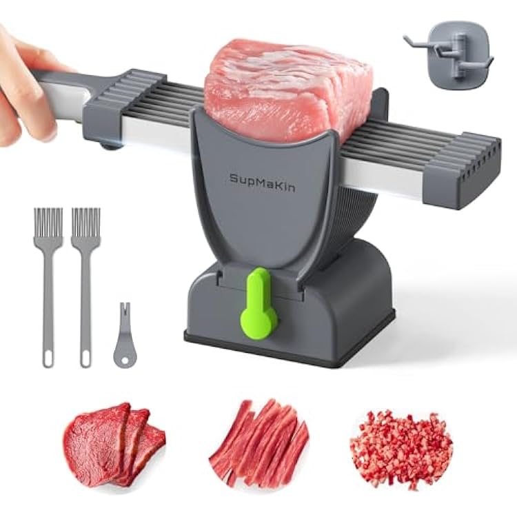 SupMaKin Fresh Meat Slicer, Thickness Adjustable 2 or 4 mm, 17 IN 1 Stainless Steel Manual Meat Cutter, Cleaver Kitchen Knife, Jerky Slicer Suit for Chicken Breast Beef Pork Gray