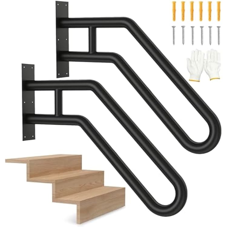 Handrails for Outdoor Steps, Stair Railing Indoor1-3 Step, U-Shaped Stairs Wall Mounted Metal Handrail for Garage, Porch, Yard and Garden - Black