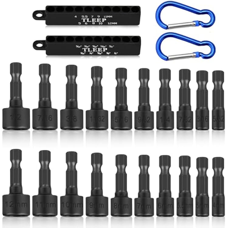 20 x Power Nut Driver Set for Impact Drill, SAE and Metric 14 Hex Head Drill Bit Set Screwdriver Socket Set, Chrome Vanadium Steel, Quick Change Chuck Socket Wrench Screw Impact Nutsetter