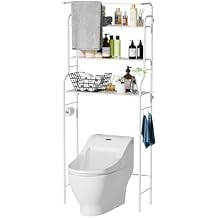 DTIG 3-Tier Freestanding Over The Toilet Storage Shelf, Metal Bathroom Organizer with 4 Hooks & Paper Holder (White)