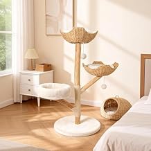 Wood Modern Cat Tree Tower for Large Cats, 47" Tall Cat Climbing Tower with Scratching Post, Luxury Cat Tree for Indoor Cats Large Adult, White