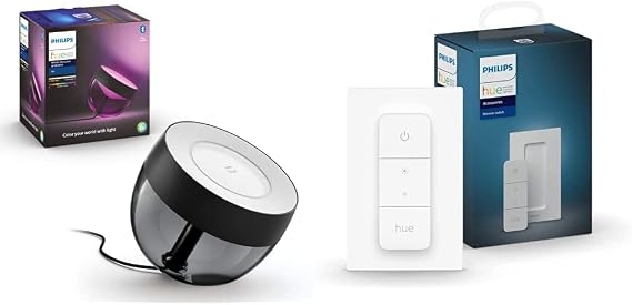 Philips Hue White and Colour Ambiance Iris [Black] Smart LED Table Lamp Bundle, Includes Hue Dimmer Switch, with Bluetooth Compatible with Alexa and Google Assistant [Energy Class A+]