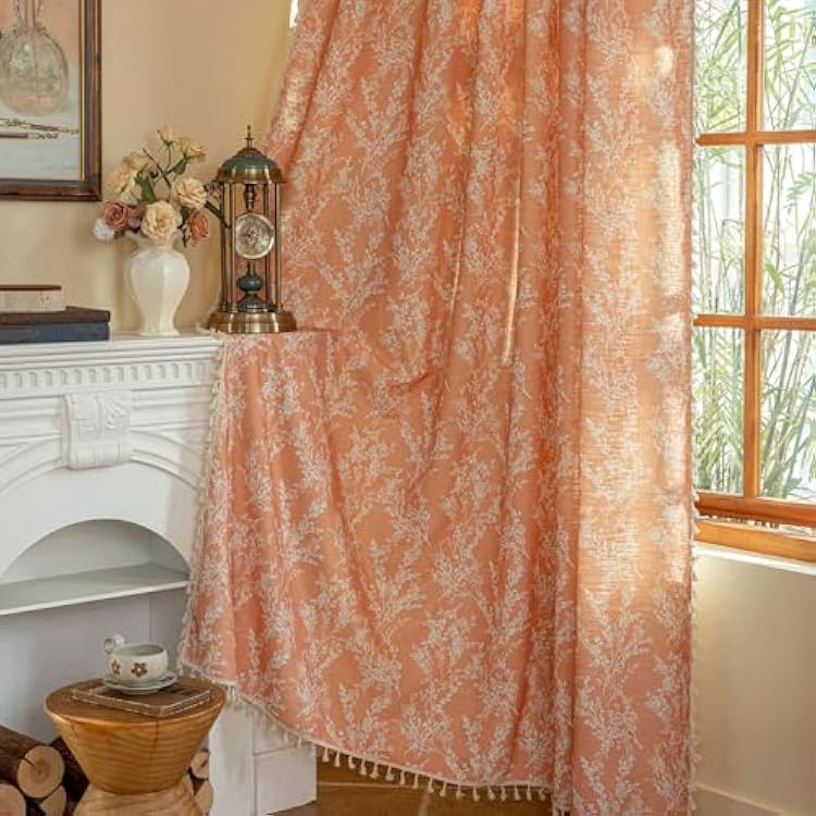 OYX Orange Curtains 84 Inch Length Boho Farmhouse Printed Floral Curtains for Bedroom 2 Panels, Burnt Semi Sheer Vintage Rustic Drapes for Living Room, Rod Pocket Tassel Decor Window Treatment
