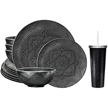 bzyoo La La Mandala Black Collection: 12 Piece BPA-Free Dishwasher Safe 100% Melamine Plate & Bowl Dinnerware Set,SUP 24oz Double Wall Stainless Steel Vacuum Insulated Tumbler with Straw and Lid