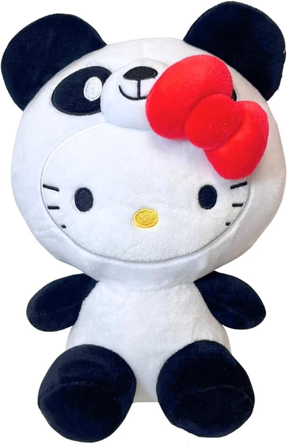 Hello Kitty Panda Wildlife Sandrio Plush Toy, White and Black Stuffed Animal with Red Bow, 9 Inch