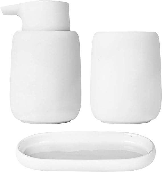 blomus SONO Modern Bathroom Accessory Set - Ceramic Soft Touch Soap Dispenser, Tumbler & Tray Organizer - Black