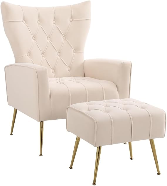 Accent Chair With Ottoman Modern Accent Chairs with Armrests and Backrest,Button Tufted Chair,Single Recliner Armchair Upholstered Velvet Armchair Furniture for Living Room Bedroom Office (Beige)
