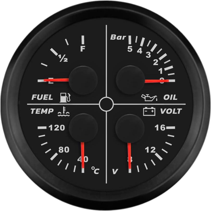 ELING 85mm 4 in 1 Multi-Functional Gauge Oil Pressure 0-5Bar Fuel Level 240-33ohm Water Temp 40-120℃ Voltmeter 8-16V Red Backlight 0-5Bar 240-33ohmBlackBlack